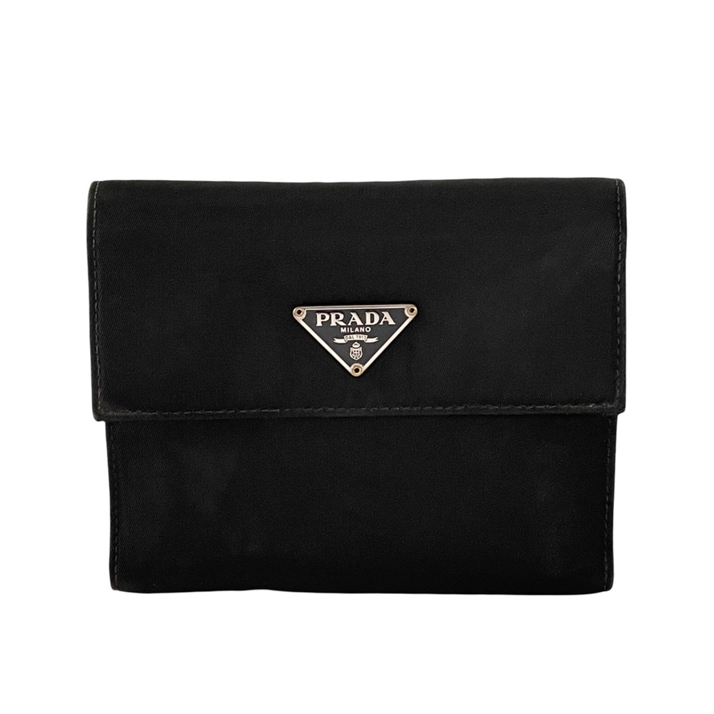 Prada black Tessuto nylon triangle logo medium trifold snap wallet vintage